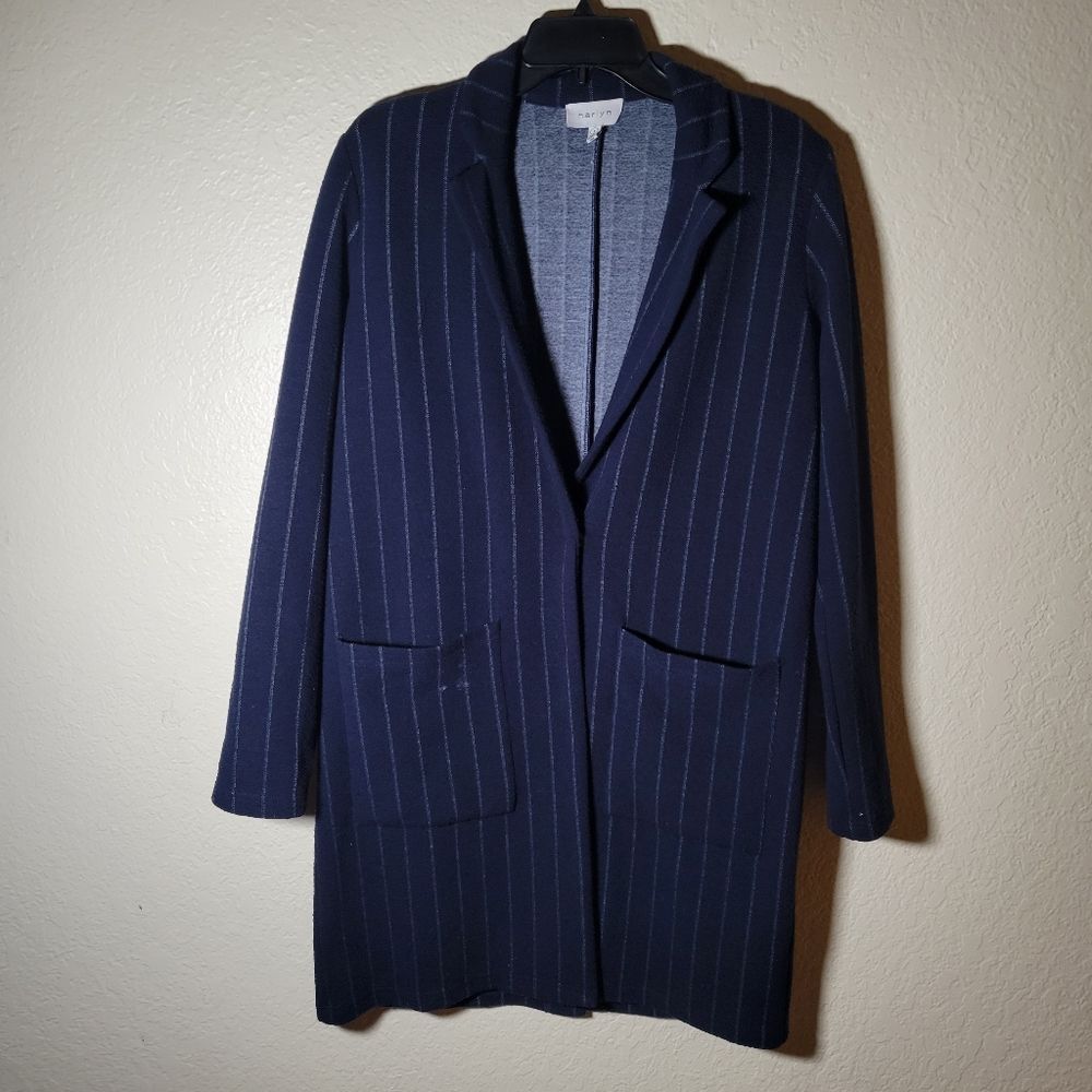 Harlyn Anthropologie | Morganne Blue Longline Snap Stripe Jacket Business Chic S